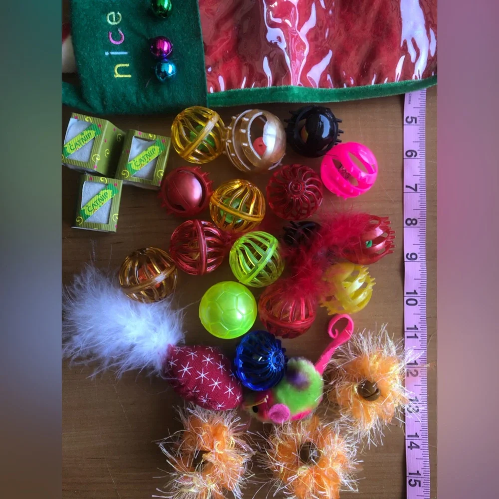 Green 'Nice Kitty!' Cat Toy Stocking with Neon Toy Mix
